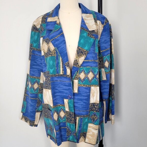 Vintage 80s Blair Patchwork Print Blazer Geometric Made in USA Size Medium - Picture 1 of 10